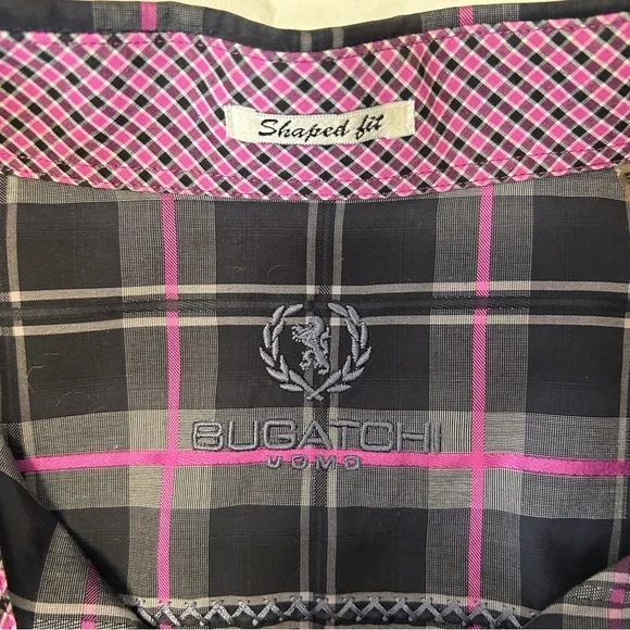 Bugatchi Men’s XXL Cotton Shape Fit Button Down Dress Shirt Black Pink Plaid EUC - Picture 5 of 10